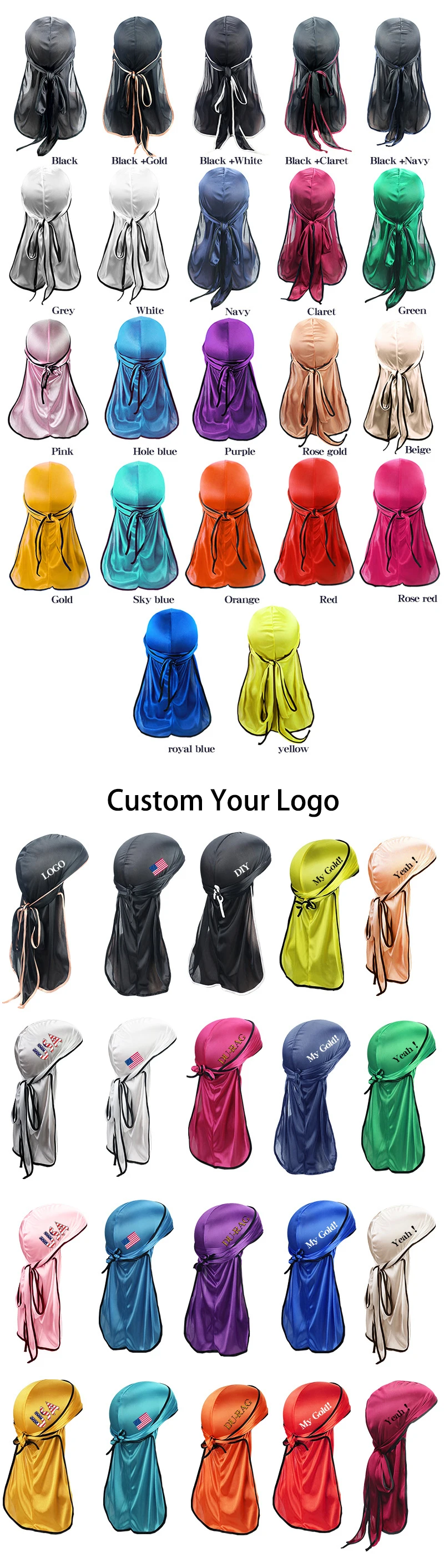 Custom Logo Do Du Doo Rags Cap Headwraps Elastic Long Tail Satin Silky ...