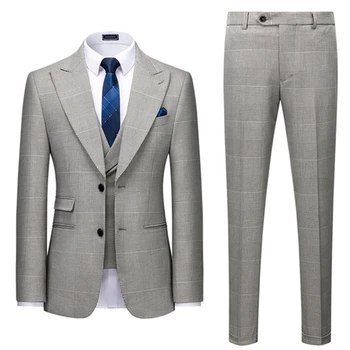 Man Coat And Pants Set For Weddings, Men Plaid Single Breasted Business 3 Piece Light Grey Formal Wedding Suits 2022