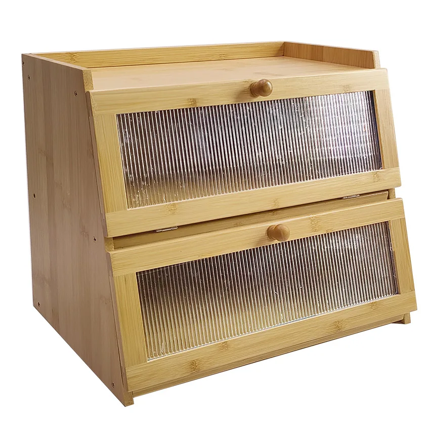 Hinges Forbread Box Large Double-Layer Bamboo Bread Box Metal Hinges Magnet Door Glass ...