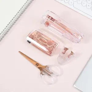 Wholesale  Clear Rose Gold Custom Logo  Stapler Scissors and Hole Punch Set With Custom Logo Business Stationery  Gift Set