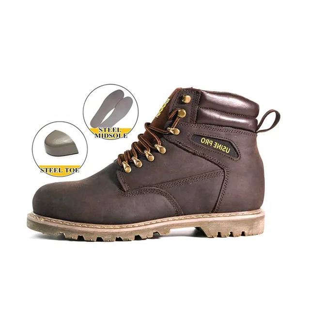 Factory Price Outdoor Safety Boots Zapatos De Sequridad Rubber Sole Men Steel Toe Plate Crazy Horse Leather Goodyear Welt Shoes