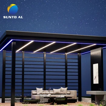 Sunto Outdoor Aluminium Canopy Wall Mounted Waterproof Louver Opening Roof Cover Motorized Pergola Gazebo with LED Lights