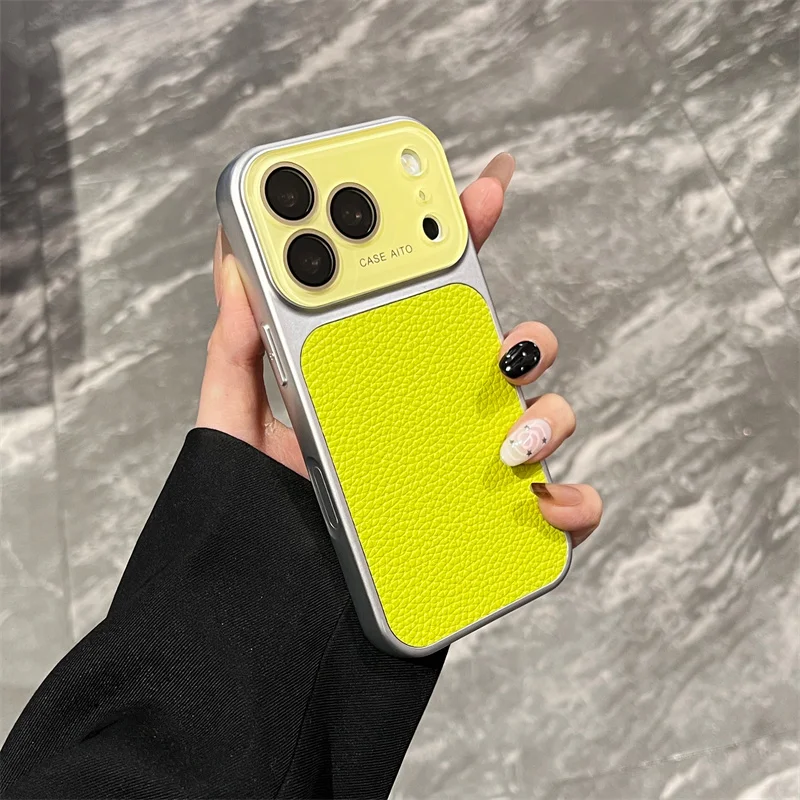 Luxury Lichee Pattern Leather Phone Case for iPhone 17 16 15 14 Pro Max Hard PC Camera Window Back Cover