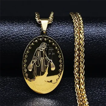 Vintage Square Virgin Mary Prayer Necklace Stainless Steel Gold Medallion Pendant For Women Men