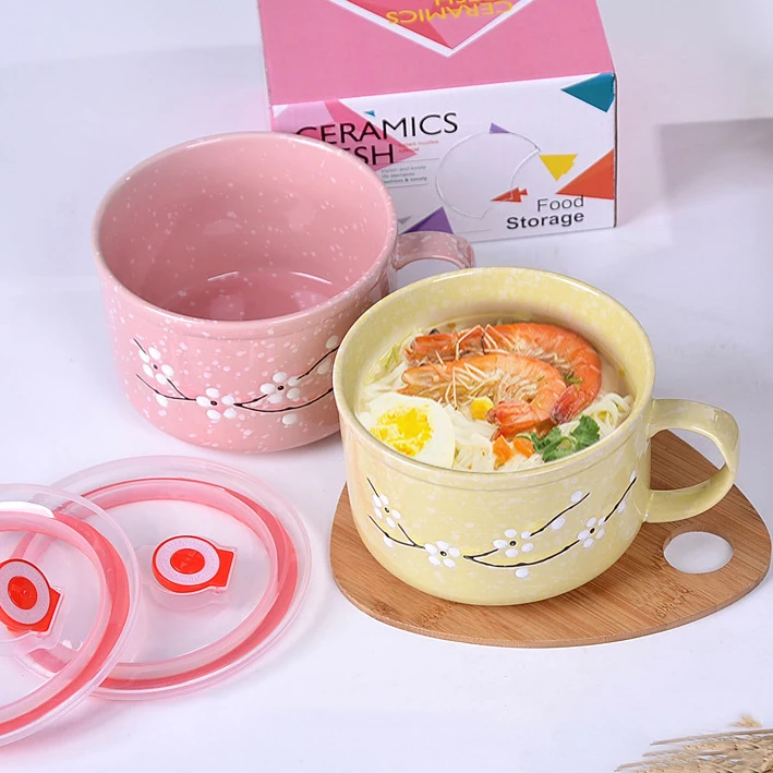 Sample Available Large Capacity Ramen Soup Bowl Set Ceramic Embossed Ceramic Soup Mug with Lid