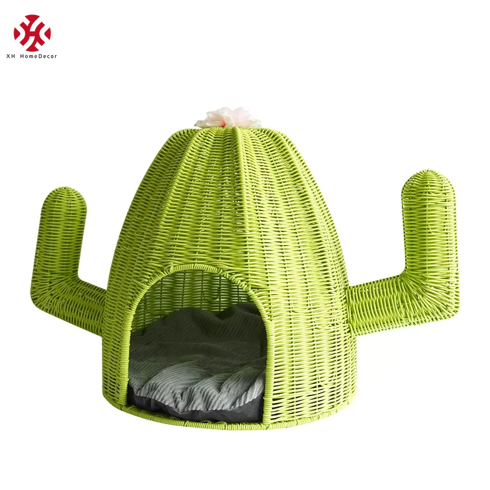 XH Novelty Plastic Rattan Resin Wicker Handmade Woven Dog Furniture Cactus Shape Pet  Basket House Cat Bed