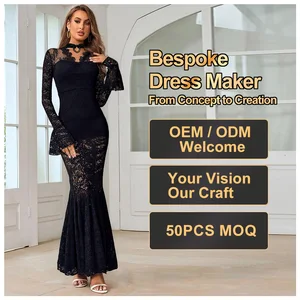 Custom Fashion Women's Evening Dresses Wholesale Long Sleeves Ladies Lace Vneck Club Dress Elegant Summer Casual Party Ball Gown