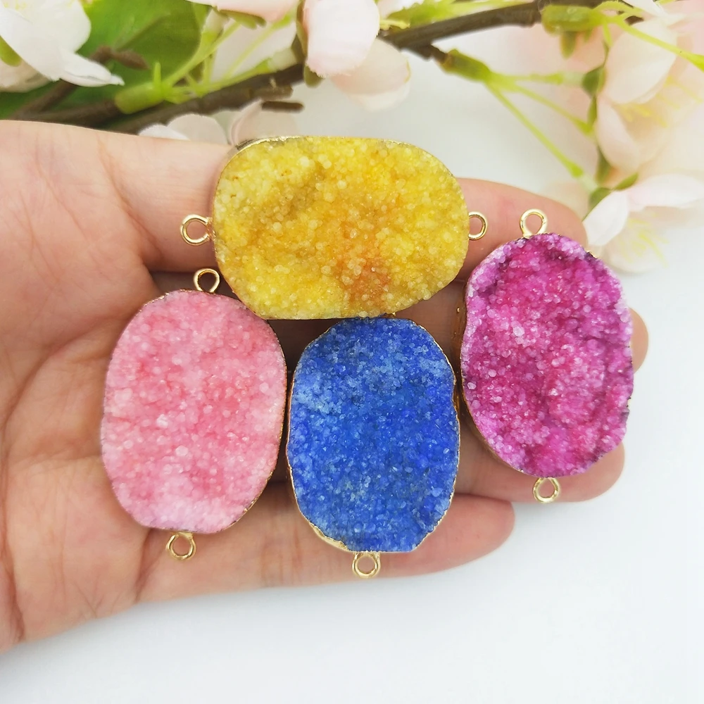 Customized Gold Edge Blue Red Yellow Rose Crystal Double Bails Pendant Free Form Oval Druzy Agate Geode Connector for Bracelet