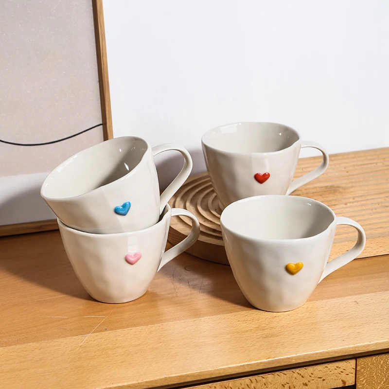 Creative 250ml Handmade Heart Embossed Pottery Milk Cereal Cups Japanese Stoneware Coffee Mug with Handle