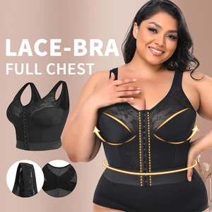 Luxurious Comfort-Focused Lace-Trimmed Wire-Free Front-Closure Full-Cup Lightweight Long-Length Shapewear Bra for Women