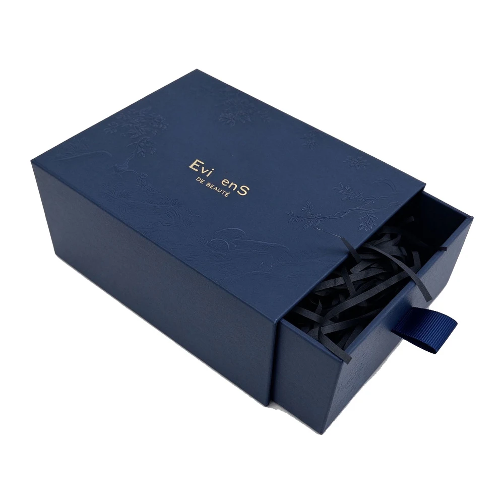 Luxury Sliding Drawer Beauty Box Custom Embossed Printed Rigid Makeup Packaging Box with Fabric Pull Tab