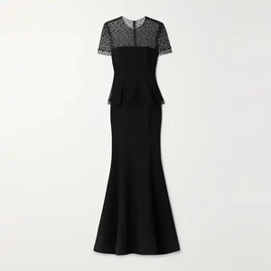 Clothing Manufacturer Custom Spring Summer Black Crew Neck Short Sleeve Elegant Casual Women Long Lace Evening Dress