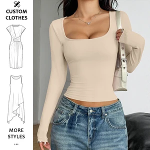 Wholesale t shirts high quality square neck plain long sleeve t shirt for women