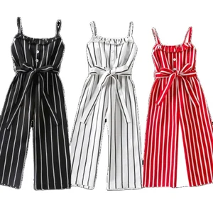 2021 Hot Selling 3 Color Kids Summer Bodysuit Trousers Striped Print Fashion Strap Flounce Sleeveless Casual Jumpsuit for Girls