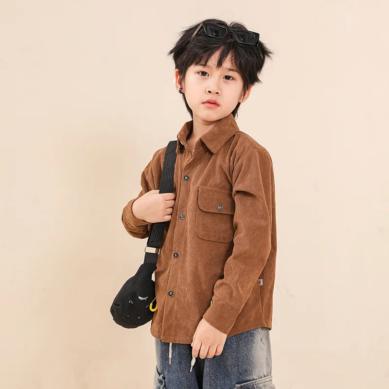Boys Autumn 2025 New Corduroy Solid Colour Shirt Korean Version of