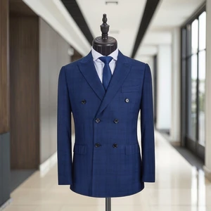 Dark Blue Checkered Double-Breasted Business Office Suit for Men 2 Piece Set Button Fly Pant Breathable Design Manufacturer's