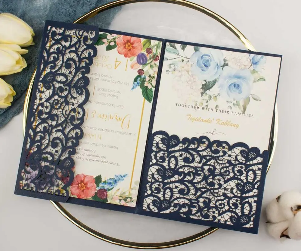 Hot Sell Pocket Dark Navy Blue Vintage Wedding Invitations Personalized  Laser Cut Invitation Card Greeting Cards Cover for Party, image size:1000x833