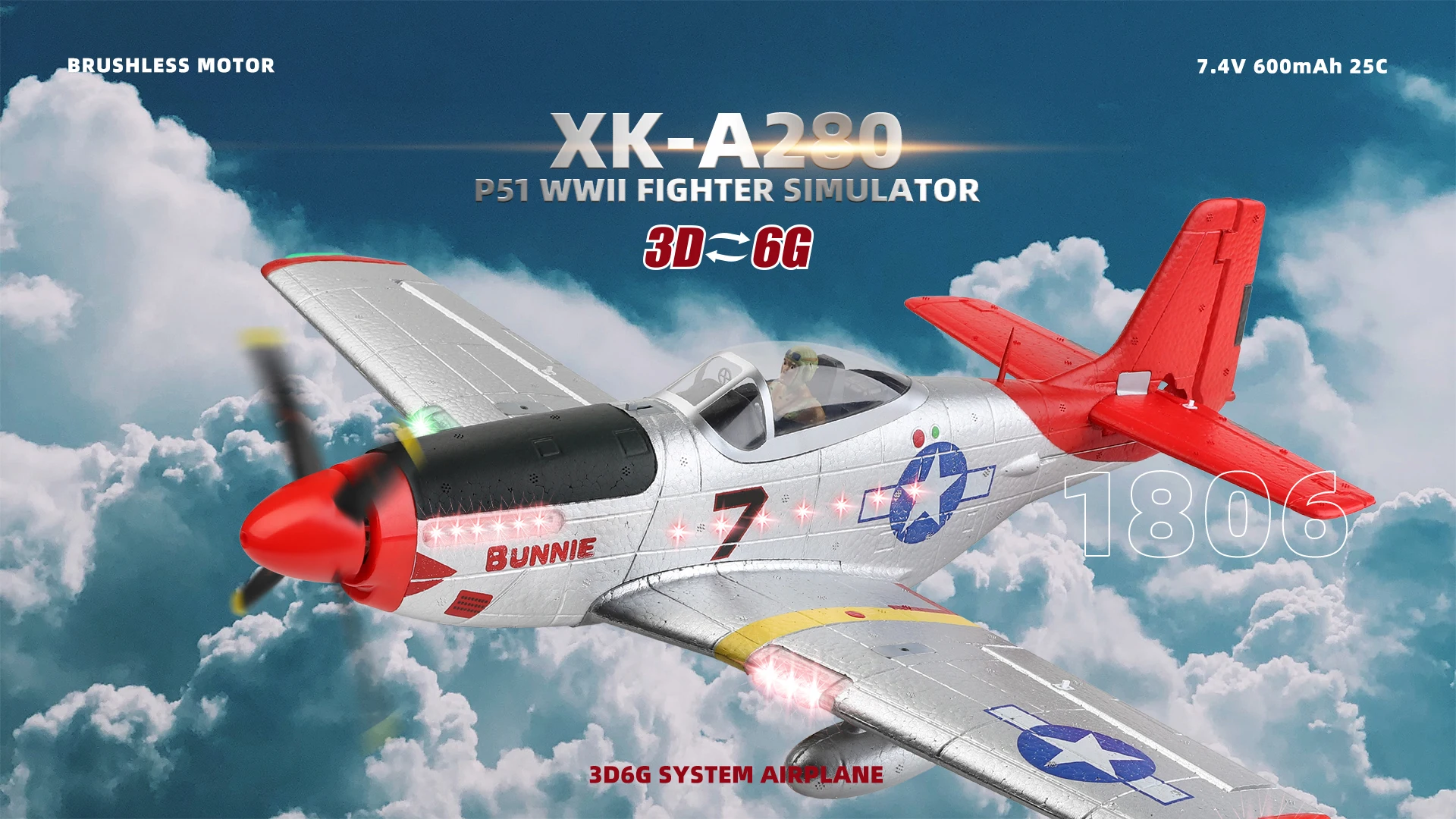HOSHI WLtoys A280 RC Airplane P51 Fighter Simulator 2.4G 3D6G Mode Glider Fixed Wing with LED Light Radio Control Toys