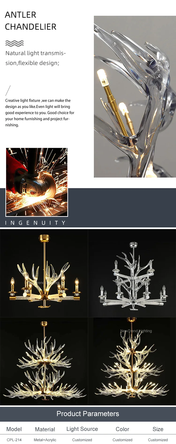 cpl 214 modern design indoor decoration custom hotel villa club gallery home dining living room metal acrylic antler branch chandelier-1