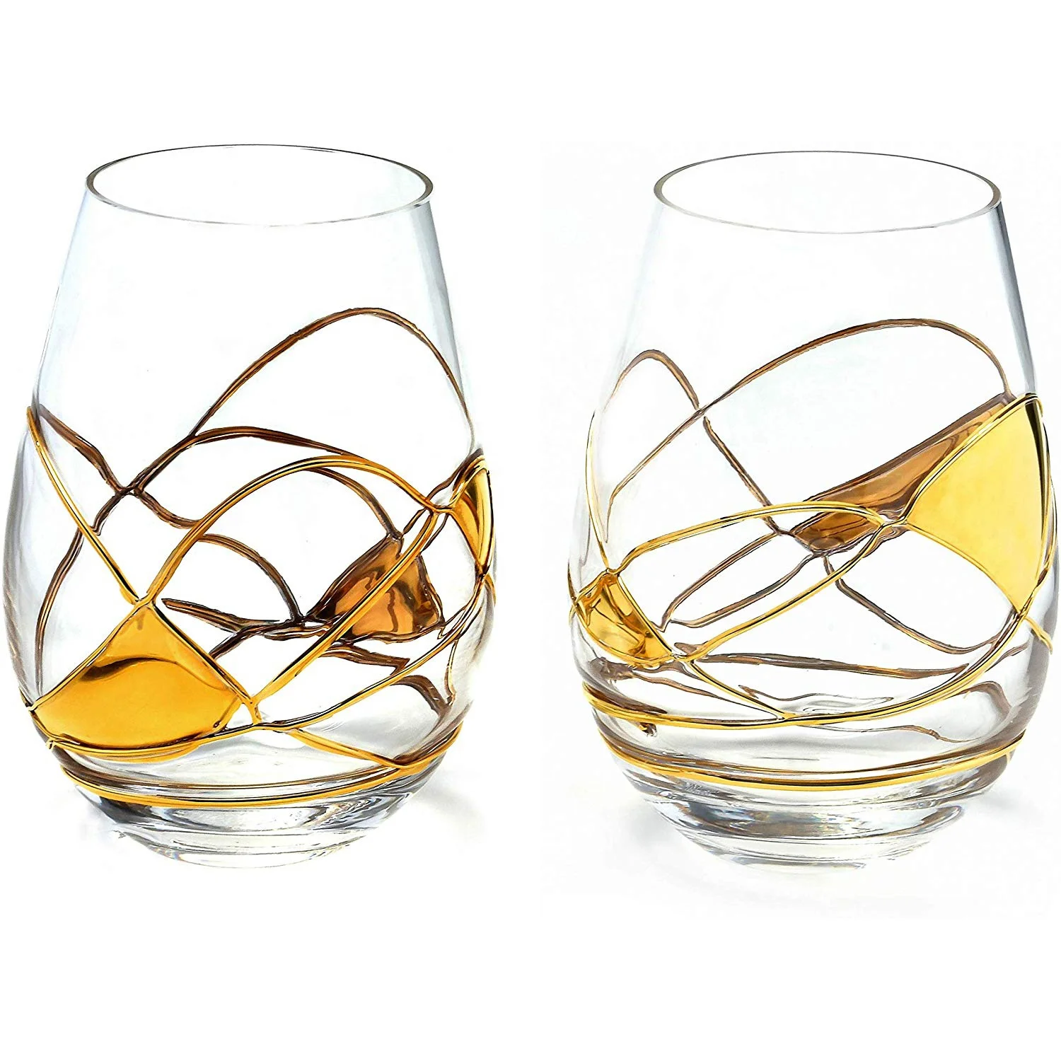 Wine Glasses 21 Oz Handblown Hand Painted Gold Line Stemless Wine Glass  with Gold Swirl