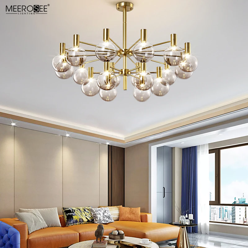 Meerosee Modern Brass Chandelier and Hanging Lamps Glass Globe Shade Chandelier Luxury Modern MD86771