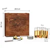 Vintage-style wine glass and wooden box