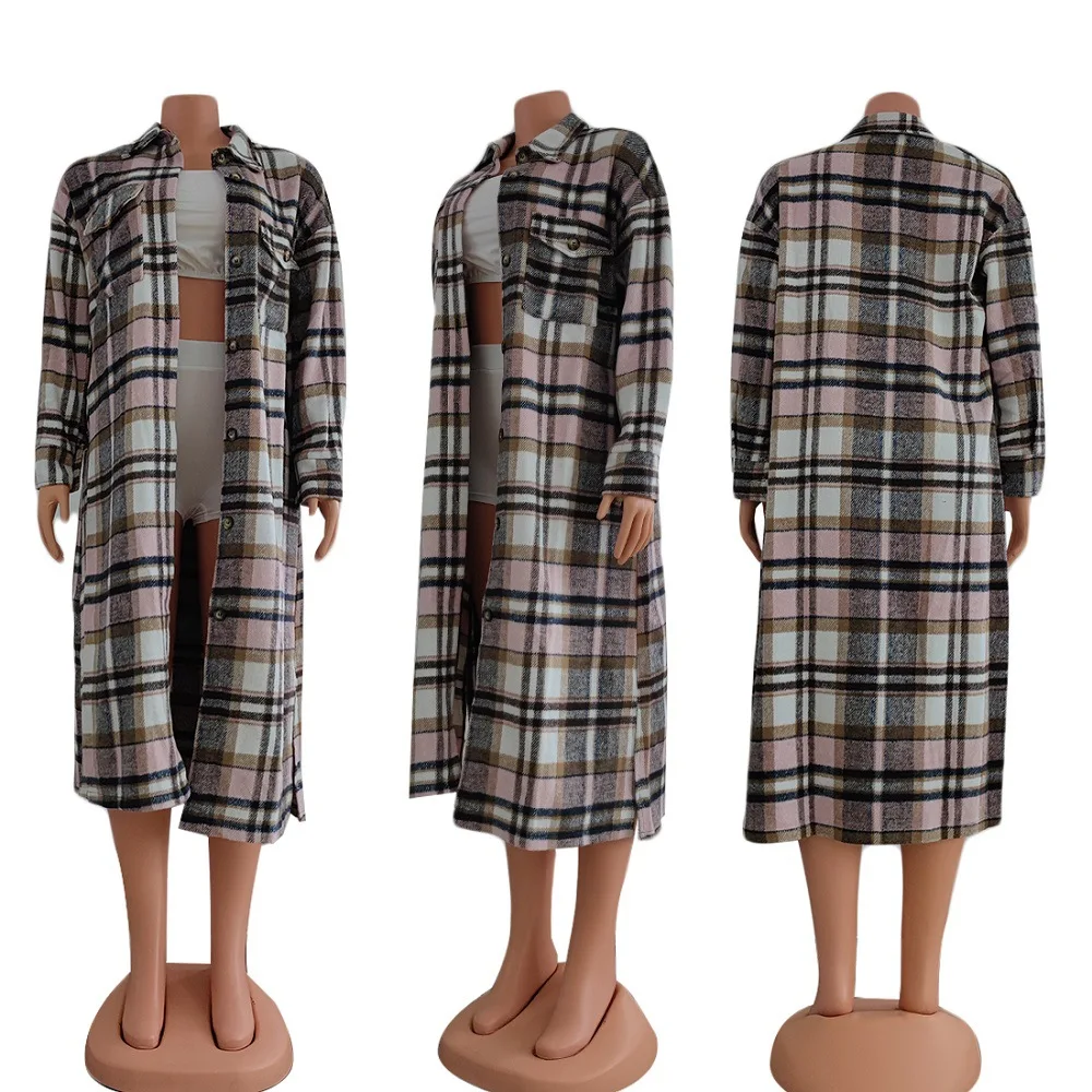 MISSQ YY6560 2021 Newest Design autumn and winter Plaid Cut-out wool coat Cardigan Sweater Women's jacket Trench Long Coats