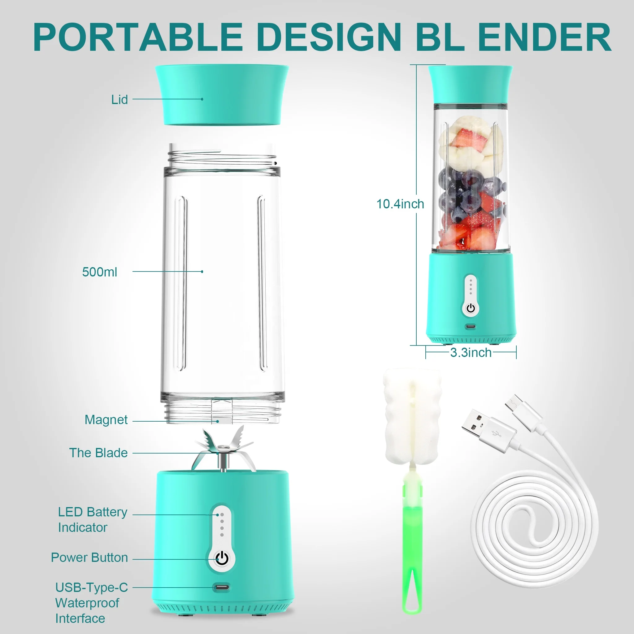 1pc 500ml Freshly Squeezed Fruit & Vegetable Portable Blender With Handheld  Juice Cup, 4000mah Rechargeable Personal Sized Blender With 304 Stainless  Steel 6-leaf Blade, Suitable For Smoothie