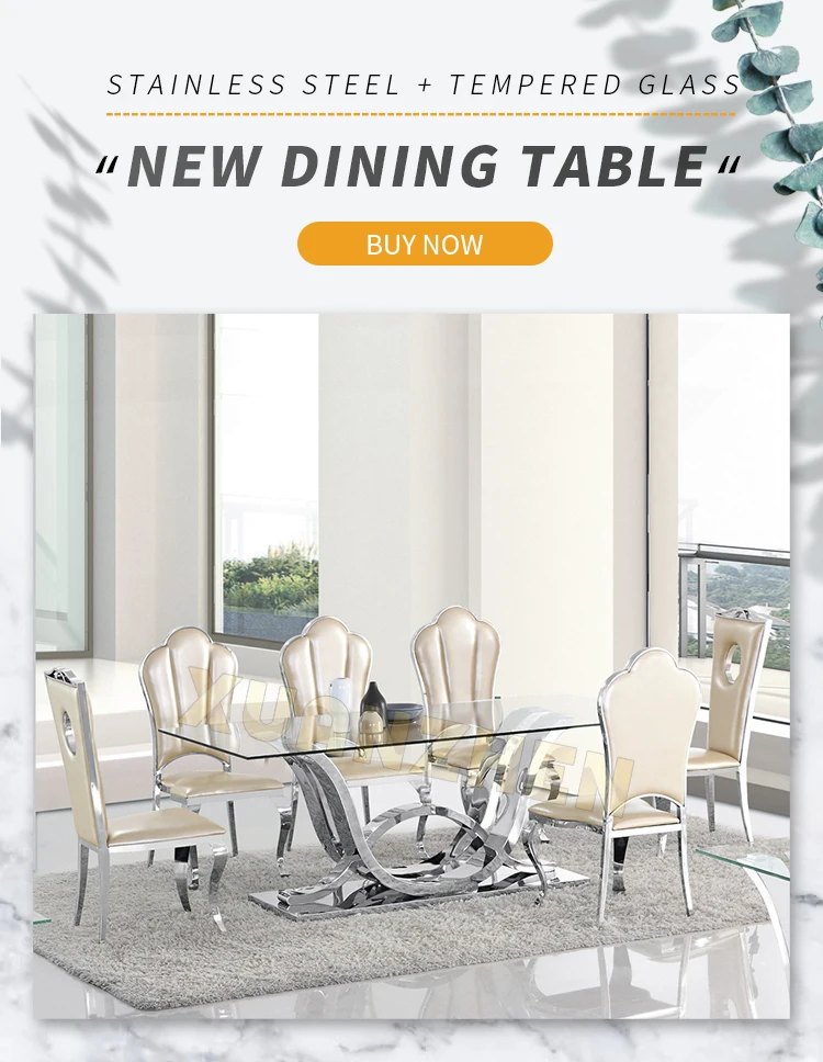 Living Room Furniture Modern Stainless Steel Dining Table Set 6 Seater