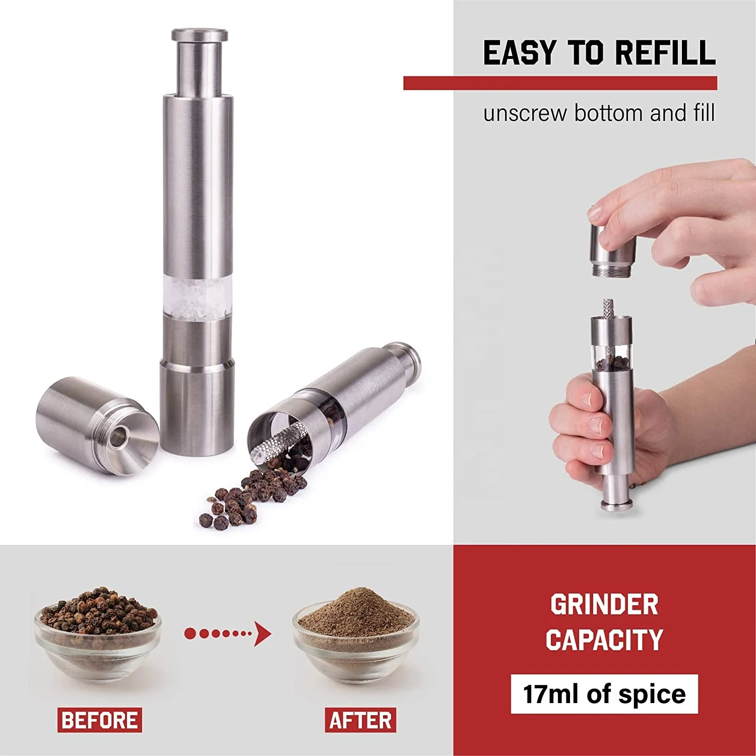 Modern Push Button Salt and Pepper Grinder Set, Grind Gourmet Pump and  Grind Sea Salt and Pepper Mill Set with Stand, Refillable Grinder