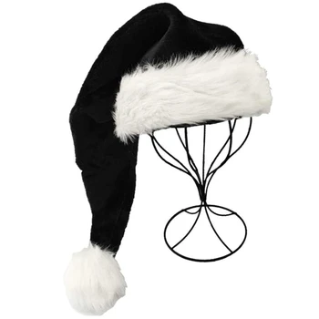Christmas Decoration Deluxe Plush Long-Tail Xmas Party Black Christmas Santa Claus Hat for Adult
