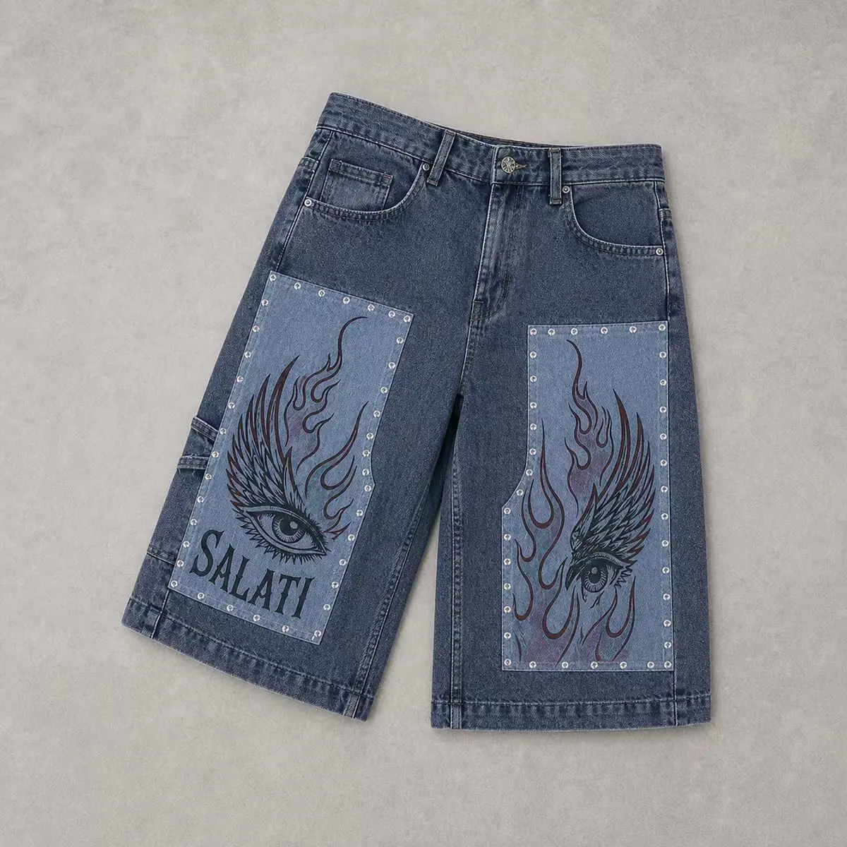 Wholesale Blue Washed Baggy Jorts Moth Flame Graphic Patchwork Rivet Wide Leg Raw Hem Streetwear Fashion Men Denim Shorts gallery 2