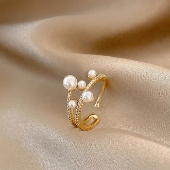 Vintage Delicate Pearl Ring Simple Zircon Opening Rings Gold 18k 2021 Femme Wedding Jewelry Bague Finger Rings For Women