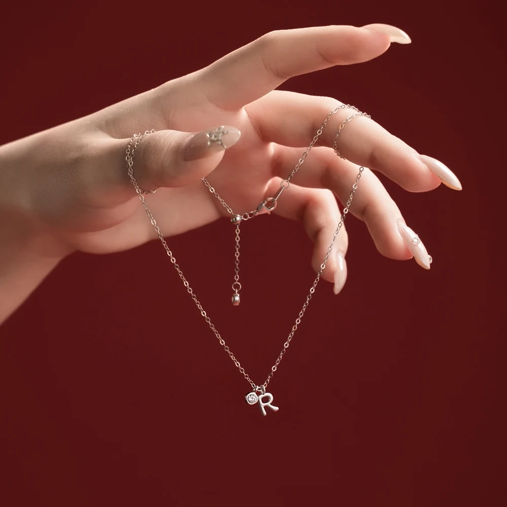 KAKODIY Dainty Initial Necklace Rhodium Plated 925 Sterling Silver 5A Zirconia Small -R- Monogram Pendant Necklace for Women detail 1