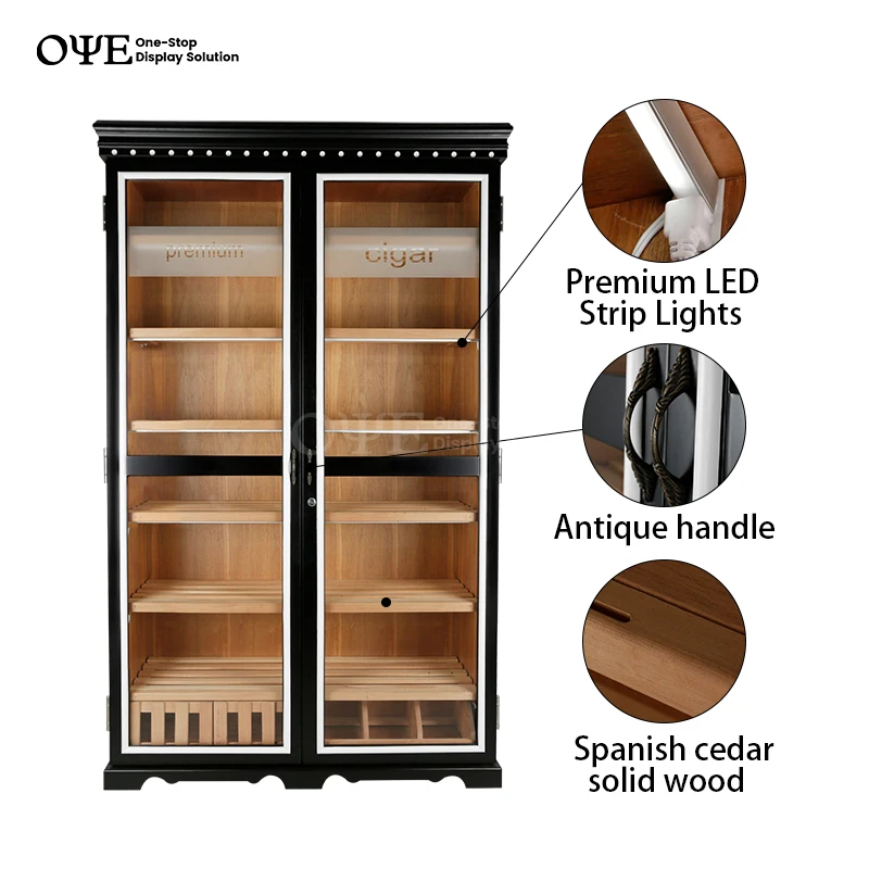 Wooden Cigar Showcase Display Mirror Black Double Glass Display