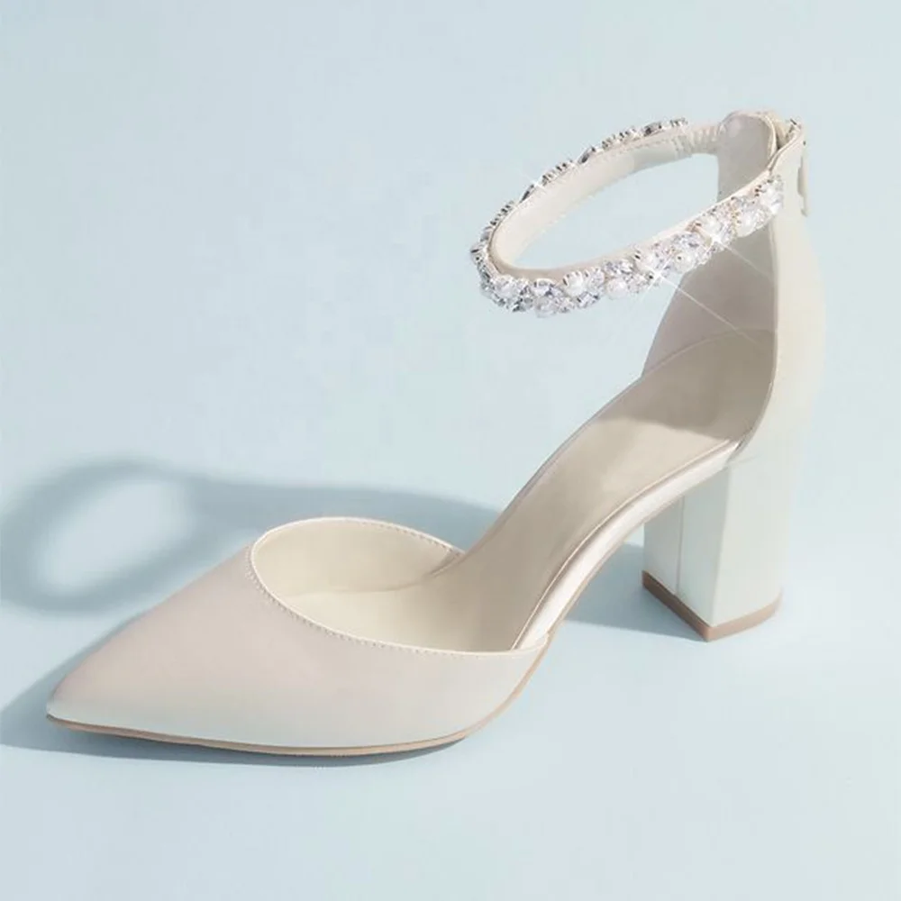 Elegant Bride Ankle Strap Pointed Toe Block Chunky Heel Wedding Shoes Party Women High Heels