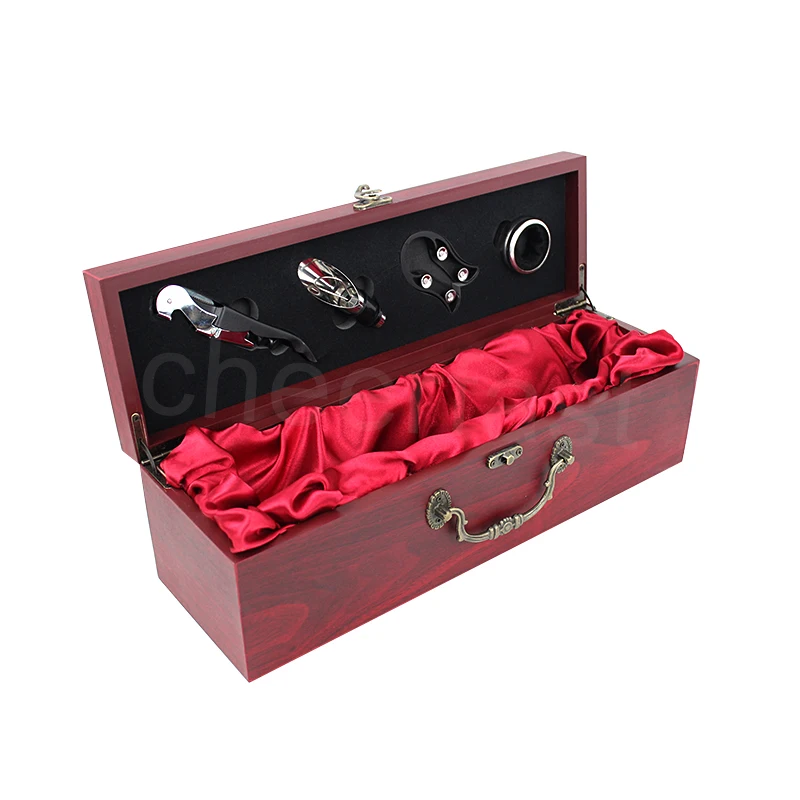 Most Popular 750ML Red Wine Single Bottle Gift Box and 4 Piece Accessories Kit With Metal Handle Wine Wooden Single Box