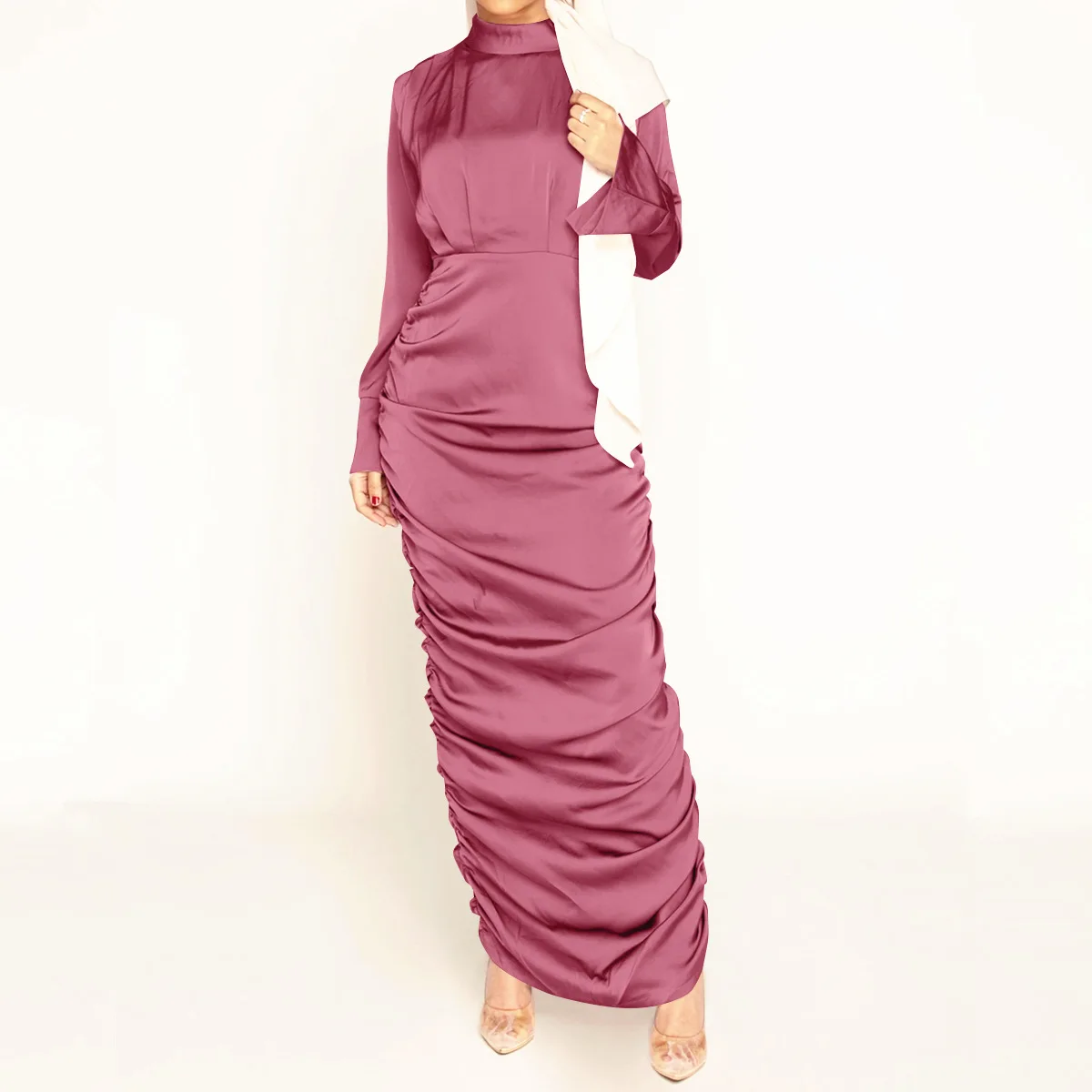 2021 Fashionable  Bodycon  Drawstring  Satin Long Dress Muslim Islamic Clothing