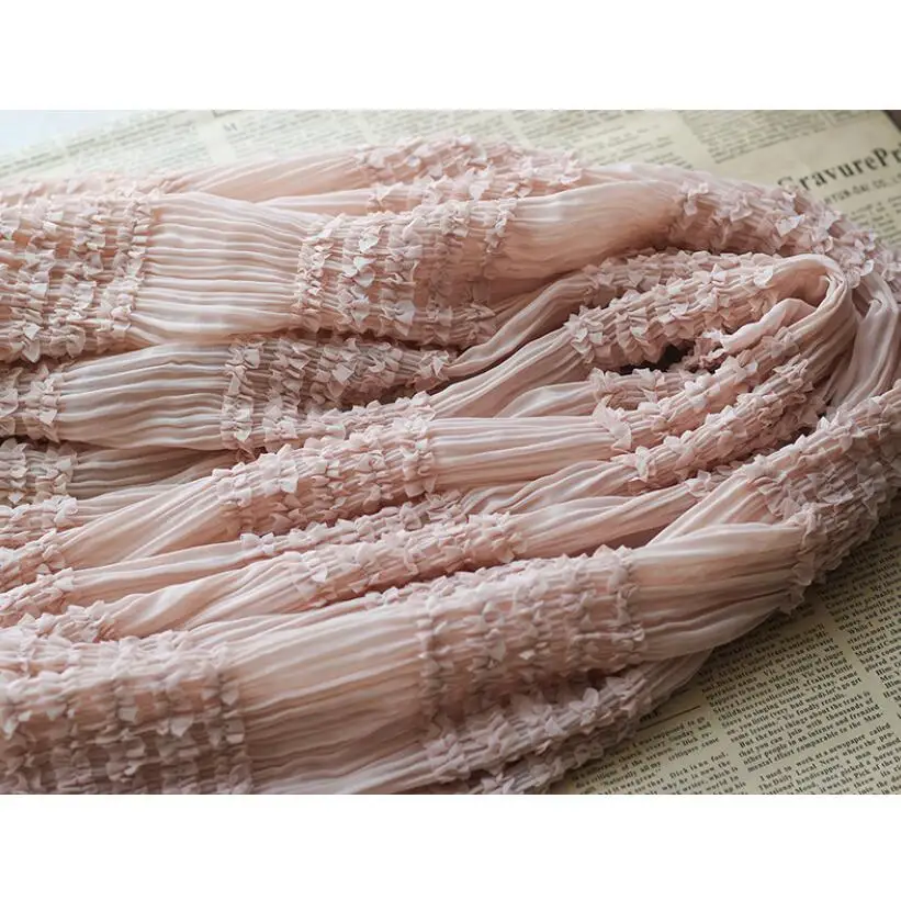 Spring Summer New Chiffon Hook Embroidery Stripe Wrinkle Fabric fairy Style Wedding Dress Elastic Fabric Wholesale