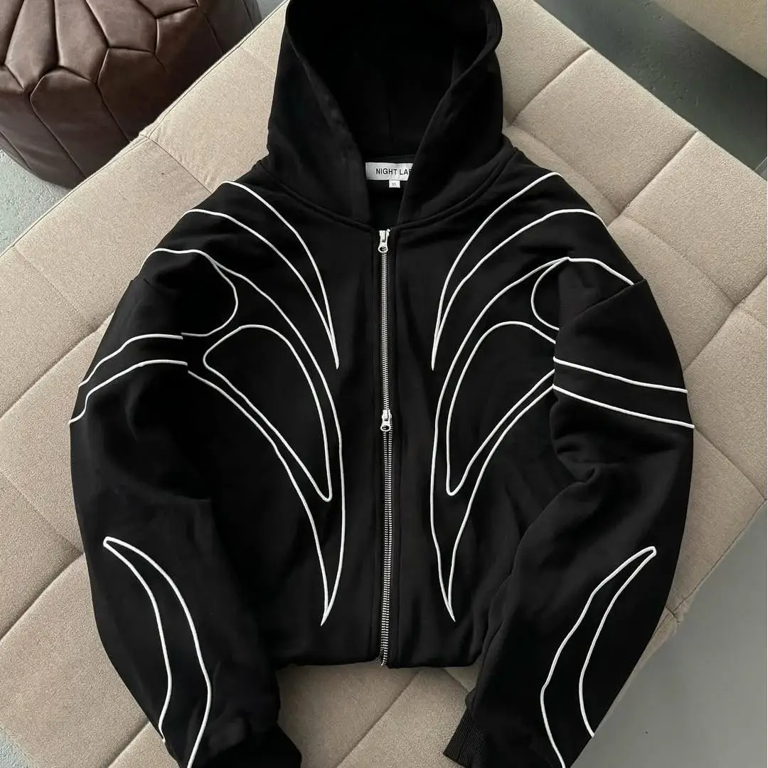 Y2K-retro striberet zip-up pullover-hoodie, tilpasset herrehoodie i bomuld, ny street-fashion med puff-print-teknologi og aktiv jakke