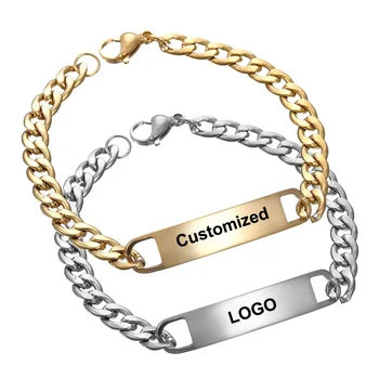 Trendy Personalized Gold Silver Plated Cuban Chain Name Logo Laser Printed Charm Stainless Steel Mens Custom Bracelet Jewelry