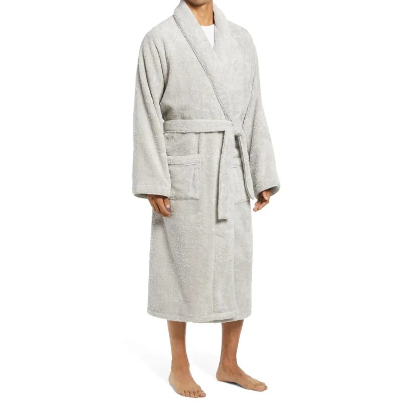 Plush cotton towel fabric plush shawl collar front patch pocket with removable belt plus size Women's home casual nightgown