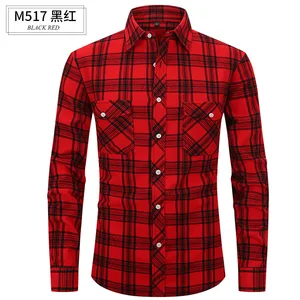 Men's Slim-Fit Flannel Plaid Shirt Spring/Summer Fashion with Double Pocket Long-Sleeved Single Breasted Formal Patchwork Design