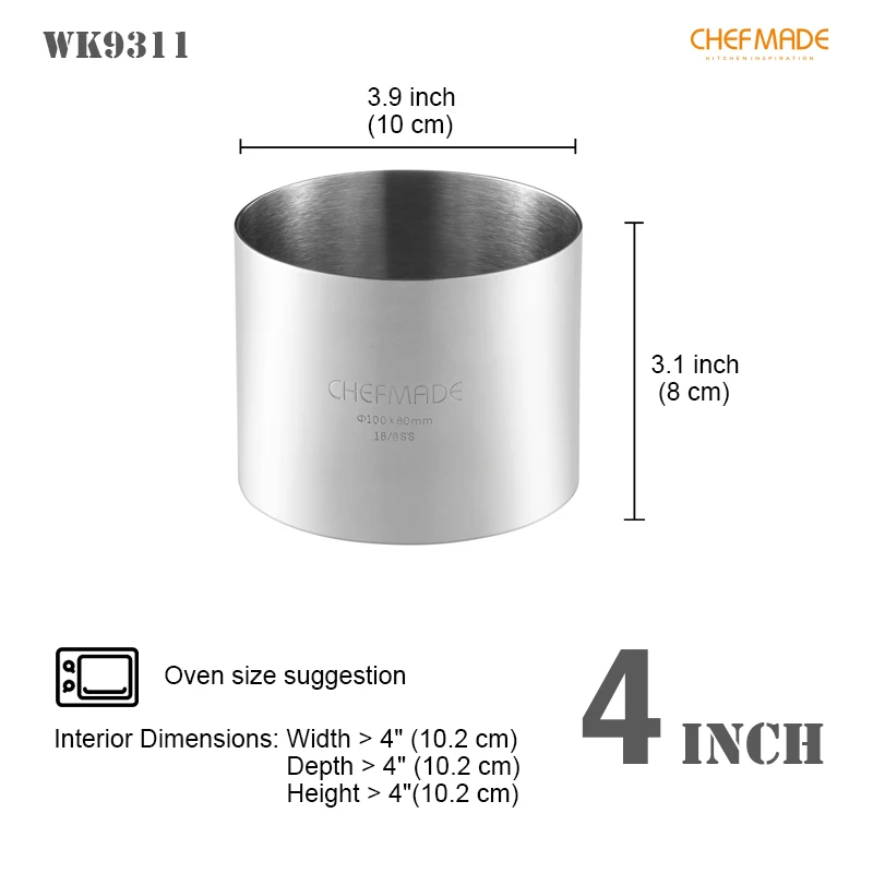 CHEFMADE WK9311 4" Round Stainless Steel DIY Baking Mold Kitchen Tools Cake Dessert Mousse Bread Candle Soap Made Silicone