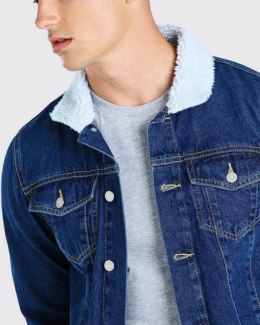 Wholesale High Quality Cotton Casual Streetwear Riding Winter Coats Regular Denim Jeans Jacket With Borg Collar gallery 4