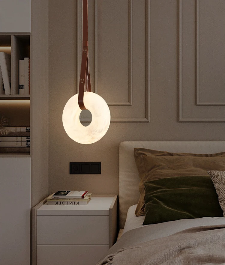 Nordic Suspension Natural Marble Ring Lighting Adjustable Height Chandelier Bedside Copper Pendant Lamp