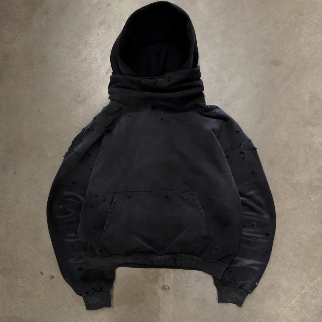 Individuální vintage streetwear omytý snood s dvojnásobným límcem pro muže, převelký hoodík s vysokým límcem z bavlny, zpřísněný puloverový svetr