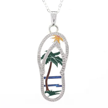 Enamel Palm Tree Cut-out Flip Flop Shaped Pendant Necklace Summer Beach Pendant Necklace