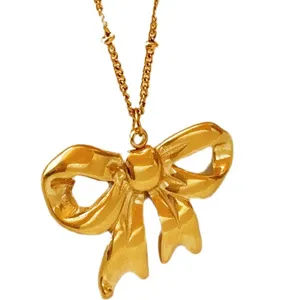 Luxury Gold Plated Bow Pendant Necklace Earrings Bracelet Stainless Steel Fashion Jewelry Sets for Women