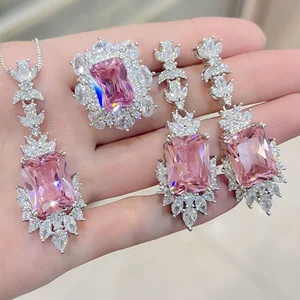 Wholesale of High Jewelry Zircon Earrings Pendant Necklace Set Princess Square Pink Crystal Diamond Jewelry Fashionable